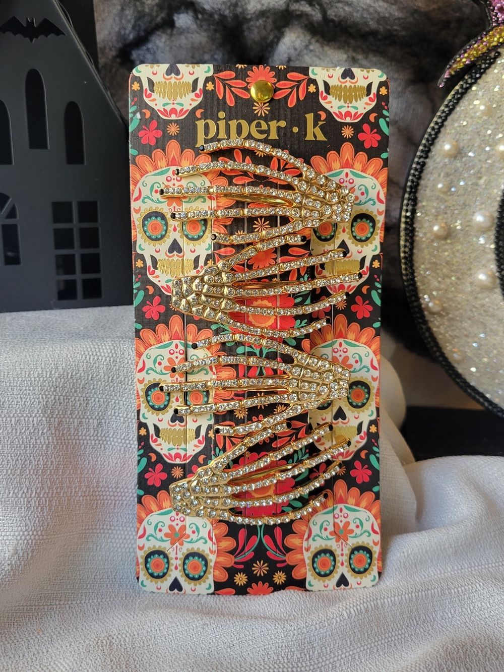 Piper K Gold Rhinestone Skeleton Hand Hair Clips - Set of 4